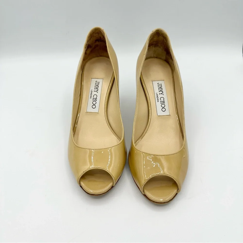 Jimmy Choo peep toe pumps tan patent leather medium heel - Picture 2 of 15